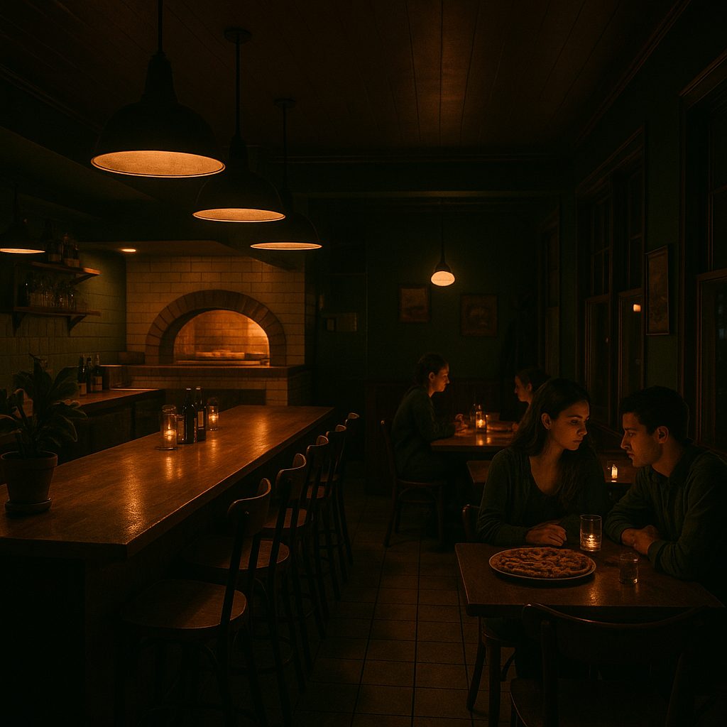 Late-night pizza restaurant with moody lighting and intimate dining atmosphere