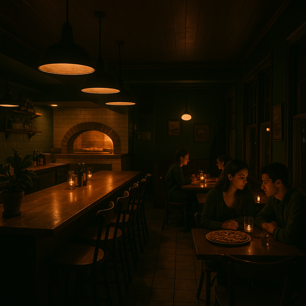 Late-night pizza restaurant with moody lighting and intimate dining atmosphere